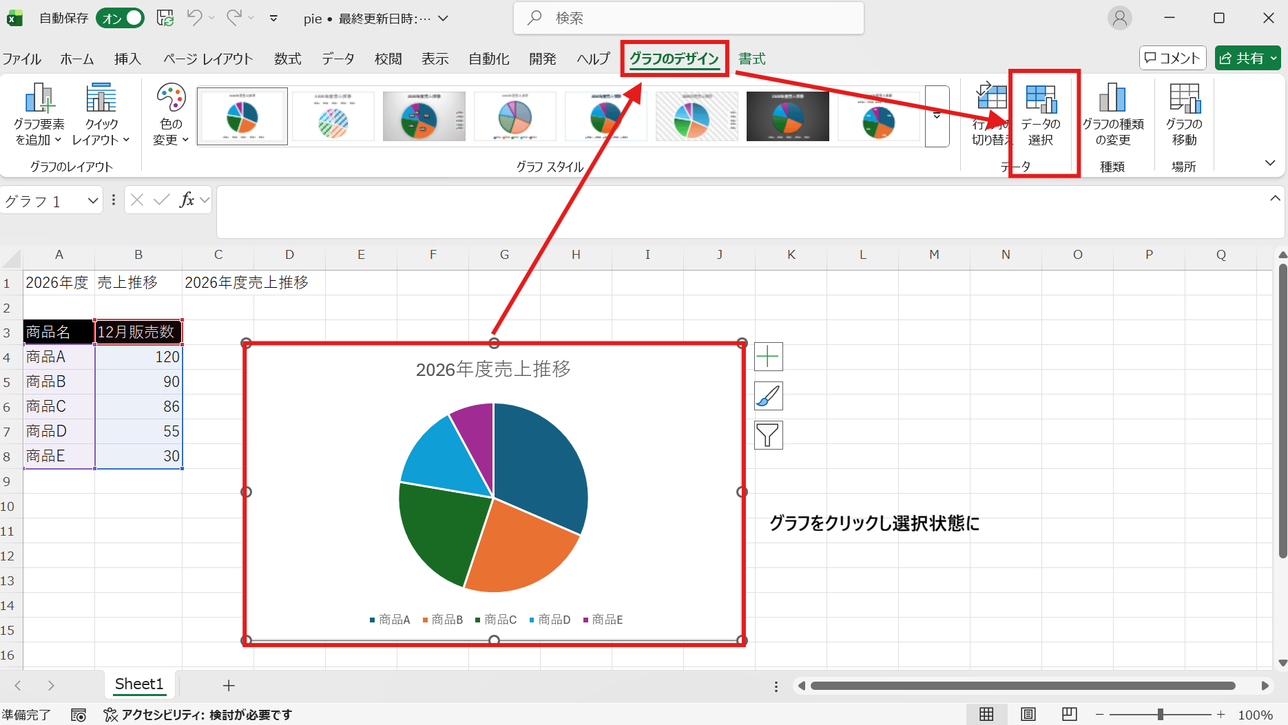グラフを選択し、「グラフのデザイン」タブの「データの選択」をクリック グラフを選択し、「グラフのデザイン」タブの「データの選択」をクリック